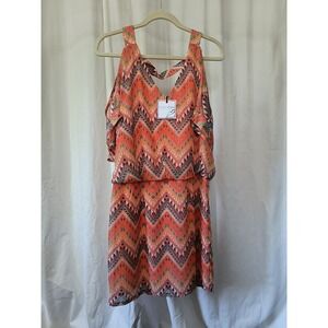 Bisou Bisou Cold Shoulder Geometric Midi Dress V Neck Orange Size 10